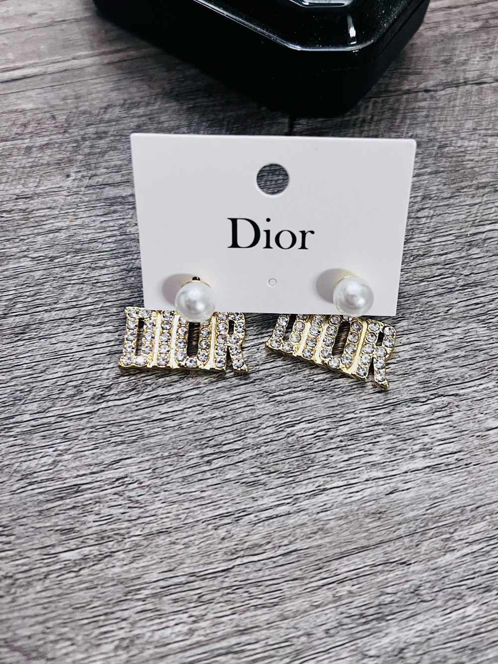 Dior GWP Gold Crystal 'DIOR' Pearl-Back Earrings